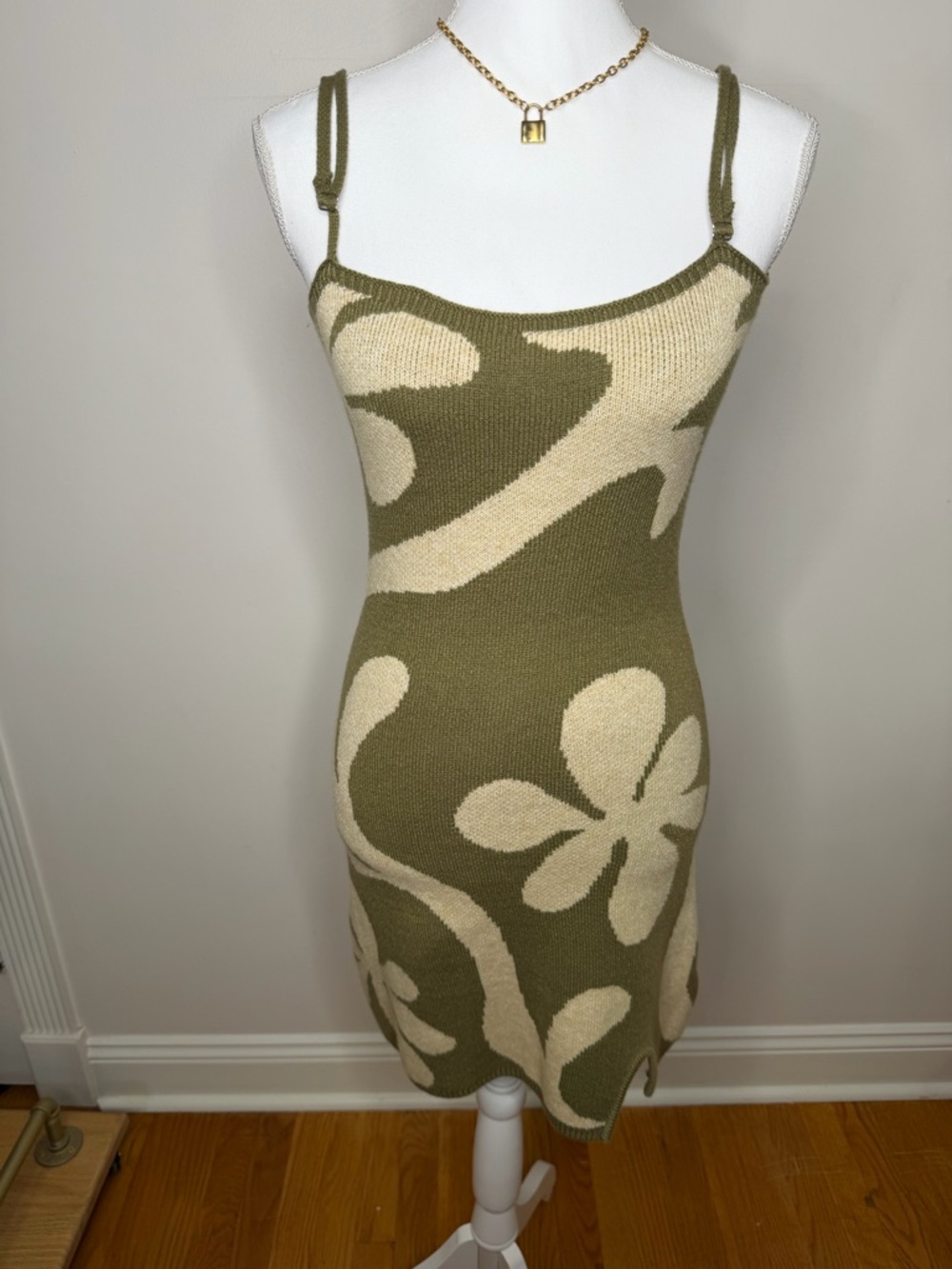 Olive & Cream Floral Knit Mini Dress with Adjustable Straps